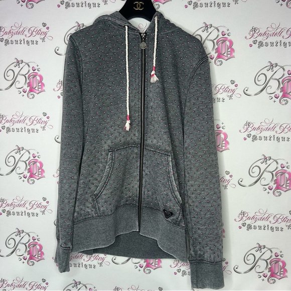Roxy pink polka dotted grey zip up sweater embroidered logo black distressed y2k - Picture 1 of 10
